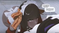 <3 2girls ass bangs black_hair blunt_bangs blush bob_cut chocolate_and_vanilla cunnilingus dark-skinned_female dark_skin dominant_lesbian english_text eyelashes female female/female female_focus female_only heart-shaped_pupils hi_res huge_breasts interracial_yuri kitesona_(thekite) kneeling_cunnilingus kneeling_oral_position large_breasts_lesbian lezdom lezsub licking licking_pussy maid maid_headdress maid_outfit original pale-skinned_female pale_skin purple_nail_polish red_eyes red_hair standing_cunnilingus submissive_lesbian text the_lunar_towers thekite two-tone_hair yuri