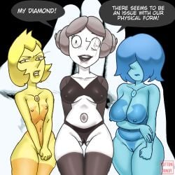 3girls alien alien_girl alien_humanoid annoyed annoyed_expression big_breasts black_and_white_body blue_body blue_hair blue_pearl_(steven_universe) blue_skin bodypaint cartoon_network chubby chubby_belly chubby_female cottondandy covered_eyes cracked_skin crazy crazy_eyes crazy_female crazy_smile different_colored_body digital_drawing_(artwork) digital_media_(artwork) female female_focus female_only grey_hair looking_at_viewer naked naked_female nsfw painted_clothes pussy pussy_juice pussy_lips self_upload shy signature skinny skinny_female small_breasts standing steven_universe steven_universe_future text text_bubble white_body white_pearl_(steven_universe) woman woman_focus woman_only yellow_body yellow_hair yellow_pearl_(steven_universe)