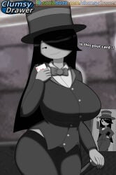 clothing female 1girls card english_text breasts hat bowtie top_hat hair_over_one_eye long_hair headwear bow playing_card huge_breasts magician cane holding smile black_hair holding_card large_breasts suit looking_at_viewer solo jacket pants traditional_bowtie formal blurry_background tuxedo ace_(playing_card) shirt black_eyes cream_(movailarts) black_and_white greyscale artist_logo artist_name watermark clumsydrawer self_upload web_address url