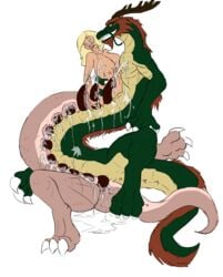 1boy 1girls anthro big_breasts breasts dodecaphallia dragon dragon_taur duo eastern_dragon female grin horn human hybrid interspecies male mammal multi_genitalia multi_penis multi_pussy orgasm paws penis pussy scalie sex slinkydragon_(colorist) straight thelionfish transformation