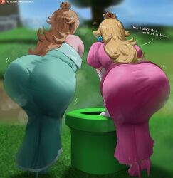 2026 2d 2d_(artwork) aqua_dress ass ass_focus ass_in_dress back_view bare_shoulders bending_forward bending_over bent_over big_ass big_butt black_eyes blonde_hair blue_background blue_dress blue_eyes bookshelf bottom_heavy bottom_heavy_female breasts bubble_ass bubble_butt butt_focus checkered_background clothed clothing clothing_pull crown curvy dat_ass dat_butt dialog dress earrings elbow_gloves english_text female female_only from_behind full_body fully_clothed gloves hair_over_one_eye hands_together heels hi_res high_heels high_resolution highres huge_ass indoors jewelry large_ass large_butt light-skinned_female light_skin lips lipstick long_dress long_hair mario_(series) meme nail_polish nintendo oroborusart pantylines pink_dress platinum_blonde_hair posing presenting presenting_hindquarters princess princess_peach princess_rosalina purple_nails rear_view simple_background sisters speech_bubble standing super_mario_bros super_mario_galaxy text text_bubble thick thick_ass thick_butt thick_hips thick_thighs thighs tight_clothing tight_dress twitter video_games white_gloves wide_hips
