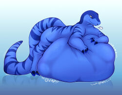 ambiguous_gender ambiguous_pred anthro anthrofied ass belly belly_bulge breasts burping digestion dinosaur eightyone hyper makar plants_vs._zombies plants_vs_zombies popcap_games pred text velociraptor_(pvz) vore vore_belly