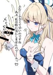 1boy 1girl animal_ears blonde_hair blue_archive blue_eyes blue_hairband blue_halo blue_leotard blue_streaks cum detached_collar ejaculation expressionless fake_animal_ears fake_tail hairband halo handjob highleg highleg_leotard highres leotard mosuke1221 multicolored_hair playboy_bunny rabbit_ears rabbit_tail strapless strapless_leotard streaked_hair tail toki_(blue_archive) toki_(bunny)_(blue_archive) translation_request v white_background white_wrist_cuffs wrist_cuffs