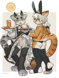 anthro balls beverage black_spots blue_eyes butt clothed clothing coffee coffee_mug coffee_shop crossdressing crossdressing_male duo erection fake_ears fake_rabbit_ears felid foreskin frilly frilly_clothing fur genitals grey_body grey_fur hi_res horn hu_ku_li_(milkybot) kemono legwear maid_uniform male male/male mammal milkybot nonas_99 orange_body orange_fur orange_stripes pantherine penis presenting presenting_penis simple_background skimpy snow_leopard spots stockings stripes tail thong underwear uniform white_body white_fur