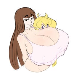 2girls ashlindhe_(franktonius) blonde_hair boobs breasts brown_hair cassie_(theycallhimcake) cleavage dullahan female franktonius gigantic_breasts headless long_hair simple_background solo theycallhimcake tits white_background