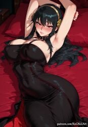 1girl 2026 ai_generated anime armpits arms_up bangs bed black_dress black_hair blush boobs bound bound_wrists breasts cleavage covered_navel covered_nipples crossover curvy dress earrings eye_contact female female_focus flower flushed gold_earrings gold_hairband hair_accessory hair_flower hair_ornament hairband highres huge_breasts jewelry large_breasts long_hair looking_at_viewer lying nsfw on_back on_bed parted_lips patreon patreon_username pillow red_eyes red_nails rognezart rose sidelocks solo spikes spy_x_family sweat sweaty two-sided_dress two-sided_fabric very_long_hair wide_hips yor_briar yor_forger