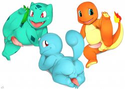 3boys anus ass back blue_eyes bulbasaur charmander erection fangs fire glans looking_at_viewer looking_back lying male male_only nintendo nude on_front on_side one_leg_up open_mouth penis penis_backwards perineum pokémon_(species) pokemon pokemon_rgby presenting presenting_penis raised_tail red_eyes scalie seyrmo shell-less slightly_chubby smile spread_legs squirtle tail tapering_penis testicles text video_games white_background