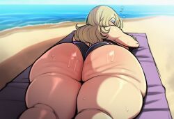 1girls 2d ai_generated ass_focus back beach big_ass bikini black_bikini black_bra black_panties black_swimsuit blonde_hair bra cellulite fat_ass female female_focus female_only full_body gyaru hi_res hibiki120 huge_ass light-skinned_female long_hair marvelous on_belly on_floor on_stomach panties resting round_ass senran_kagura senran_kagura_(series) shiki_(senran_kagura) solo sunbathing sweat sweaty_ass sweaty_body swimsuit thick_thighs thight_clothing towel wide_hips