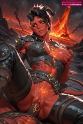ai_generated ai_assisted karlach stelmazura baldur's_gate_3 1girl breasts looking_at_viewer smile short_hair black_hair thighhighs 1boy navel jewelry medium_breasts nipples tail hetero boots outdoors parted_lips horns penis pussy solo_focus pointy_ears belt dark_skin spread_legs sex armor vaginal orange_eyes head_tilt pubic_hair uncensored muscular glowing colored_skin pov scar female_pubic_hair abs demon_girl fire straddling girl_on_top demon_horns shoulder_armor demon_tail scar_on_face cowgirl_position clothed_sex veins pauldrons clitoris scar_across_eye veiny_penis muscular_female one_breast_out grabbing_own_breast red_skin embers shoulder_spikes molten_rock