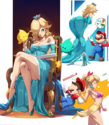 2026 2d 2d_(artwork) bare_shoulders bent_over big_butt bikini bikini_bottom bikini_top blonde blonde_female blonde_hair blue_eyes blush breasts cap chair chair_position cleavage clothed crown earrings felox08 heels jealous jealous_female legs legs_crossed lips lipstick makeup mario mario_(series) princess_peach princess_rosalina revealing_clothes shoulders sisters sitting thick_thighs thighs