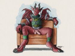 2026 3_toes 4_fingers animal_genitalia animal_penis anklet anthro balls bottomless bottomless_anthro bottomless_male chair claws clothed clothing countershade_balls countershade_crotch countershade_ears countershade_face countershade_genitalia countershade_legs countershade_neck countershade_penis countershade_torso countershading dated digital_drawing_(artwork) digital_media_(artwork) digitigrade dragon feet finger_claws fingers flaccid furniture genitals grey_claws grey_spines head_spines hi_res horn jewelry looking_at_viewer male male_anthro medial_ring membrane_(anatomy) membranous_wings mythological_creature mythological_scalie mythology no_irises penis pink_sclera pupils red_body red_scales samareck scales scalie shaded shadow signature simple_background sitting slit_pupils solo spines toes topwear white_background wing_claws wings wrist_guards