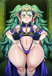 ai_generated bottom_heavy fire_emblem fire_emblem:_three_houses flat_chest frown goddess hand_on_hip huge_ass revealing_clothes smaller_female sothis_(fire_emblem)