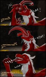absurd_res chase_(crimsoncreaturecreations) comic crimson_(crimsoncreaturecreations) dragon duo feral forced hi_res male male/male mythological_creature mythological_scalie mythology neck_bulge scalie speech_bubble swallowing text unwilling_prey vore wafic waficdragon