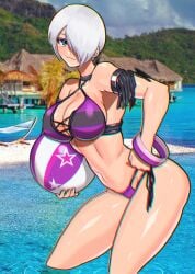 1girl akisu_k angel_(kof) ball beach_ball beachball big_breasts bikini blue_eyes bracelet bracelets breasts cleavage commentary_request day hair_over_one_eye hands_on_own_hips holding holding_ball holding_beachball jewelry king_of_fighters king_of_fighters_all_stars large_breasts looking_at_viewer midriff navel ocean outdoors photo_background smile smug snk solo swimsuit the_king_of_fighters the_king_of_fighters_all-stars toned white_hair