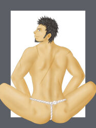 o_kei_(artist) 2007 1boy fundoshi white_fundoshi solo gay yaoi black_hair out_of_frame simple_background male male_only