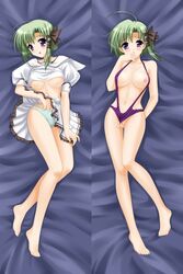 blush breasts dakimakura dodojune female fingering green_hair lying nipples panties purple_eyes pussy ribbon shigure_asa shirt short_hair shuffle! skirt sling_bikini sling_bikini_aside solo striped striped_panties uncensored underwear