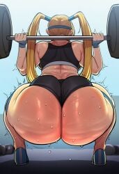 1girls 2d ai_generated back back_view big_ass black_gym_shorts black_shorts black_sports_bra blonde_hair bubble_ass capcom cellulite crouching fat_ass female female_focus female_only full_body gloves gym gym_bra gym_clothes gym_shorts gym_uniform hi_res hibiki120 huge_ass lifting lifting_weights light-skinned_female long_hair rainbow_mika round_ass shoes solo sports_bra standing street_fighter sweaty thick_thighs thight_clothing tied_hair training twintails weightlifting weights wide_hips workout