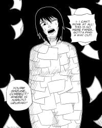angry black_hair bondage captured_heroine defeated_heroine encasement gaijougqijoue_(artist) heroine interrogation konan manga_style naruto_(series) paper_bondage resisting restrained shizune villainess