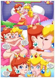 2girls 4koma bbmbbf bed breasts comic dialogue english_text female female_only french_kiss indoors kissing mario_(series) multiple_girls nintendo nipples nude palcomixvip.com princess_daisy princess_peach sitting speech_bubble super_mario_bros. tagme text undressing when_the_bros_are_away