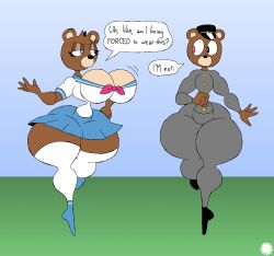 2025 4_fingers aliasing anthro artist_logo artist_name asian_clothing bear big_breasts bottomwear breast_jiggle breasts brown_body brown_fur clothing countershade_breasts countershading crossgender curvy_figure dialogue digital_media_(artwork) dropout_bear duo ear_piercing ear_ring east_asian_clothing english_text eyelashes facial_markings female fingers footwear fur gakuran glistening_eyelids graduation_(album) half-closed_eyes hat head_markings head_tuft headgear headwear heterochromia hi_res japanese_clothing japanese_school_uniform jiggling kanye_west_(copyright) knee_highs knee_socks legwear logo male mammal markings motion_lines muzzle_(marking) narrowed_eyes piercing ring_piercing school_uniform serafuku signature skirt small_waist socks speech_bubble spherical_breasts text thatdawgmurray thick_thighs tuft uniform walking wasp_waist wide_hips