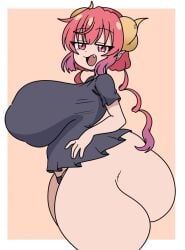 1girl arrogant black_shirt blush fang fat_ass from_side gigantic_ass gigantic_breasts highleg_panties hyper_ass ilulu_(dragon_maid) inakotho looking_at_viewer mesugaki miss_kobayashi's_dragon_maid open_mouth short_sleeves soft_ass solo