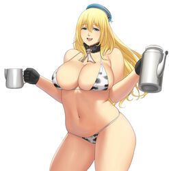 atago_(kantai_collection) beret bikini blonde_hair breasts cleavage cow_print cup female gloves green_eyes hat headgear highres kantai_collection large_breasts long_hair looking_at_viewer lvl navel open_mouth pitcher simple_background smile solo standing swimsuit white_background