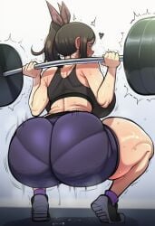 1girls 2d ai_generated back back_view big_ass black_gym_shorts black_shorts black_sports_bra brown_hair bubble_ass cellulite crouching fat_ass female female_focus female_only full_body green_eyes gym gym_bra gym_clothes gym_shorts gym_uniform hi_res hibiki120 huge_ass lifting lifting_weights light-skinned_female long_hair marvelous murakumo_(senran_kagura) panties_visible_through_clothing red_ribbon ribbon round_ass senran_kagura senran_kagura_(series) shoes side_ponytail solo sports_bra standing sweaty thick_thighs thight_clothing tied_hair training weightlifting weights wide_hips workout