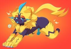2026 absurd_res all_fours anthro arm_markings balls barely_visible_balls barely_visible_genitalia biped black_markings black_nose blep blue_balls blue_body blue_eyes blue_fur blue_glans blue_markings blue_nipples blue_pawpads blue_penis blue_tail blue_whiskers blush blush_lines bodily_fluids butt cheek_tuft claws digital_media_(artwork) erection eyebrows eyelashes facial_markings facial_tuft felid feline fur generation_7_pokemon genital_fluids genitals glans glistening glistening_eyes glistening_genitalia glistening_penis half-closed_eyes head_markings heart_symbol hi_res humanoid_genitalia humanoid_penis leg_markings legendary_pokemon looking_at_viewer male male_anthro mammal markings mismatched_genitalia mismatched_humanoid_penis mismatched_penis mouth_closed mythical_pokemon narrowed_eyes nintendo nipples nude nude_anthro nude_male orange_background pawpads penis pokemon pokemon_(species) precum purple_body purple_fur purple_markings ryunwoofie saliva saliva_on_tongue simple_background solo speech_bubble tail thigh_markings tongue tongue_out tuft whiskers yellow_body yellow_fur zeraora