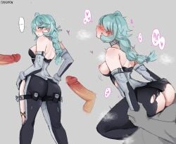 2boys anonymous_male ass backside bare_shoulders beauty_mark before_and_after blush blushing_ears bodysuit braid braided_hair breasts collar commission dick digital_media_(artwork) ears female femsub hourglass_figure long_hair looking_back male maledom multiple_males multiple_penises open_mouth penis petite petite_female presenting seed_(zenless_zone_zero) shoulders sideview slamming_ass small_breasts teal_eyes teal_hair torn_clothes wiggling_ass zenless_zone_zero