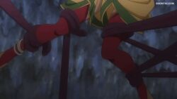 gif animated anime tione_hiryute dungeon_ni_deai_wo_motomeru_no_wa_machigatteiru_darou_ka danmachi large_breasts huge_breasts shiny_skin dark-skinned_female dark_skin tanned_female amazon long_hair green_eyes brown_hair twin_braids tentacle restrained restrained_by_tentacles female female_only 1girls one_eye_closed earrings thighhighs wide_hips
