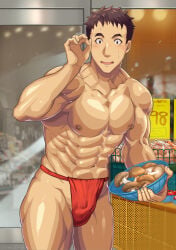 1boy abs balls_under_clothes biceps big_areola blush breasts brown_hair cap collarbone flaccid fundoshi fundoshi_only gay genital_outline grocery_store hi_res indoors looking_at_viewer male male_only manly mature_male muscles muscular muscular_arms muscular_legs muscular_male muscular_neck muscular_thighs mushroom navel no_body_hair original original_character pecs quadriceps red_fundoshi robronx35498_(pixivid=35498) rokushaku_fundoshi shocked shop short_hair six_pack solo standing topless wide_eyed yaoi