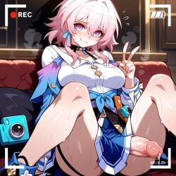 1futa 1girl ai_generated battery_indicator black_choker blue_eyes blue_jacket blue_skirt blush breasts camera choker clothing collarbone couch cum earrings erection flying_sweatdrops futa_only futanari guns_girlz_(series) hair_between_eyes holding_camera honkai:_star_rail huge_penis indoors jacket jewelry knees_up large_breasts large_penis light-skinned_futa long_sleeves looking_at_viewer lunaart march_7th_(honkai:_star_rail) medium_breasts medium_hair miniskirt multicolored_eyes penis pink_eyes pink_hair pleated_skirt precum recording shirt single_earring sitting skirt smile solo spread_legs sweat thigh_strap thighs tied_jacket v veins veiny_penis white_shirt