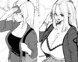 1girl before_and_after breasts cleavage curvy growth highres huge_breasts inne_sulistya_robin large_breasts norman_maggot third-party_edit weight_gain