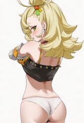 1girls ahoge ass back bare_shoulders blonde_hair blush camisole cowboy_shot crop_top earrings from_behind gradient green_eyes hair_ornament jewelry long_hair looking_at_viewer looking_back panties piper_wheel solo tagme underwear white_panties zenless_zone_zero