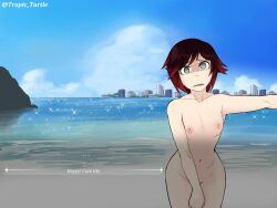 rwby tropic_turtle ruby_rose black_hair black_hair_female silver_eyes breasts covering_crotch dialogue dialogue_options shocked shocked_expression shocked_eyes beach ocean 1girls solo_female