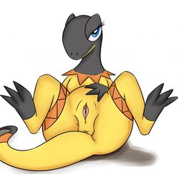 1girls anus ass blue_eyes clitoris eyelashes feet female heliolisk lizard looking_at_viewer lying monohors3 nintendo nude pokemon presenting pussy scalie smile solo spread_legs tail video_games white_background