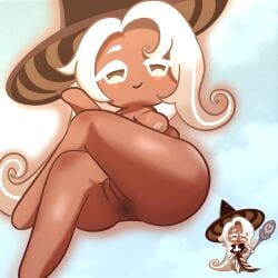 1girls anus ass ass_focus censored cookie_run cookie_run_kingdom dark-skinned_female hat_only latte_cookie_(cookie_run) legs_crossed mosaic_censoring nude nude_female pussy reference_image soreoda white_hair witch_hat