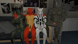 2016 3_toes 3d anthro asriel_dreemurr charmeleon claws crossover group highres indoors male mammal maxdigiipower muscles nintendo nude pokémon_(species) pokemon rhinoceros scales skyrim the_elder_scrolls toes undertale yaoi