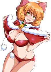 1girls 6457i android android_girl bell big_breasts bottomwear breasts christmas christmas_clothing christmas_outfit cleavage female female_only freckles freckles_on_face green_eyes hair hair_ornament hips neckwear orange_hair penny_polendina ribbon robot robot_girl rwby smile solo solo_female thighs topwear