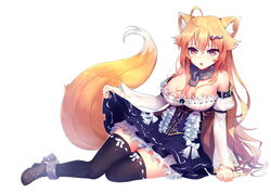 ahoge animal_ears bare_shoulders black_legwear black_thighhighs blonde_hair boots breasts chains cleavage collar detached_sleeves dress dress_lift female female fox_ears fox_tail full_body hair_ornament kitsunemimi large_breasts long_hair looking_at_viewer lying on_side open_mouth red_eyes ribbon-trimmed_legwear simple_background solo strapless_dress tail thighhighs white_background zhu_fun