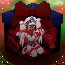 angel_wings bird_wings bondage box cartoony christmas christmas_present clothed conductor crying crying_with_eyes_open emmet_(pokemon) gag gagged gift gift_box gift_wrapped hands_tied hands_tied_in_front male male_focus nintendo noncon nonconsensual nonconsenting_male older_male pokemon ribbon ribbon_bondage subway_boss subway_master textless_version tied_up toony trapped uniform wings