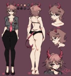 2025 artist_upload ass big_ass bigoldstinker boobs cleavage demon demon_girl high_quality highres ibispaint_(artwork) ibispaintx looking_at_viewer looking_away medium_breasts neutral_expression oc original original_artwork original_character pink_eye reference_sheet self_upload sfw short_hair tramp_stamp underwear uniform