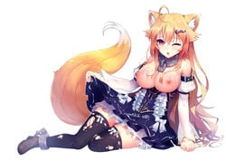 after_sex ahoge animal_ears black_legwear black_thighhighs blonde_hair blush boots breasts chains cleavage collar cum cum_on_body cum_on_breasts cum_on_clothes detached_sleeves dress dress_lift female fox_ears fox_tail full_body hair_ornament kitsunemimi large_breasts long_hair looking_at_viewer lying nipples no_bra on_side one_eye_closed open_mouth red_eyes ribbon-trimmed_legwear simple_background solo strapless_dress thighhighs torn_thighhighs white_background zhu_fun