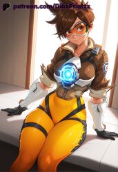 1girls ai ai_assisted ai_generated anime arm_support artist_name black_gloves blizzard_entertainment bodysuit bomber_jacket breasts brown_eyes brown_hair brown_jacket chest_harness closed_mouth cross-laced_clothes cross-laced_legwear dibzprintz female gloves goggles harness hi_res high_quality high_resolution highres jacket leather looking_at_viewer medium_breasts orange_bodysuit orange_goggles overwatch overwatch_2 short_hair sitting sleeves_rolled_up smile solo spiked_hair swept_bangs thigh_strap thighs tracer vambraces watermark
