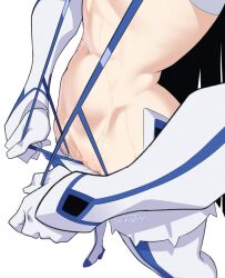 artist_name bikini_pull black_hair cleft_of_venus clothes_pull commentary english_commentary female female_torso garter_straps head_out_of_frame highres junketsu kill_la_kill kiryuuin_satsuki life_fiber living_clothes navel pulling_own_clothes pussy revealing_clothes shaved_pussy signature solo standing stomach strikingtulip suspenders sweat thighhighs white_background white_thighhighs