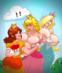 3girls alternate_breast_size ass big_ass big_breasts breast_expansion breasts breasts_out clothing dress elbow_gloves female female_only gloves huge_breasts mario_(series) multiple_girls mushroom nintendo nipples outdoors princess_daisy princess_peach princess_rosalina standing super_mario_bros. thick_lips volupop