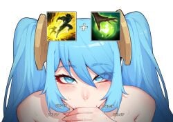 1boy 1girls blowjob blue_eyes blue_hair blush gameplay_mechanics hair_ornament handjob healing league_of_legends long_hair looking_at_partner looking_at_viewer looking_up luxurias nude pov sona_buvelle sound_effects spell sweat text topless twintails