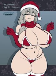 1girls artist_logo artist_name belly belly_button big_hips bikini breasts cameltoe christmas christmas_bikini christmas_clothing christmas_outfit closed_eyes curvaceous curvy curvy_female curvy_figure female female_focus female_only gionnic_art gionnic_art_(artist) gionnics gloves gradient_background gray_hair grey_hair hat hips hourglass_figure large_breasts light-skinned_female light_skin long_hair perfect_body red_bikini red_gloves red_hat red_scarf red_thighhighs santa_hat scarf sexcember silver_hair smile smiling thick_thighs thighhighs uzaki-chan_wa_asobitai! uzaki_tsuki watermark