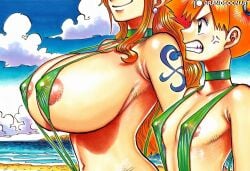 2girls accurate_art_style ai_generated areolae big_breasts bikini erect_nipples female female_focus female_only flat_chest grandgoonart kasumi_(pokemon) manga manga_cover manga_page manga_style misty_(pokemon) nami_(one_piece) nipples one_piece patreon patreon_username pokemon pubic_hair shonen_jump size_difference sling_bikini