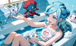 1boy ai_generated alolan_vulpix bath bathing bathroom bathtub blowing blowing_bubbles blue_eyes bra bubble_bath bubbles bulge cat_cutout cetoddle femboy friends frosmoth grusha_(pokemon) happy lingerie male nail_polish nails_painted otoko_no_ko panties playing playing_in_bathtub playing_with_bubbles pokemon thighs water weavile